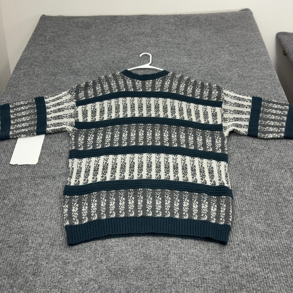 Vintage Gitano Sweater Mens L Teal Gray White Knit Striped Crewneck Retro 90s